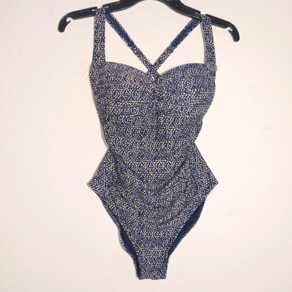 NipTuck Patterned One Piece Swimsuit Navy Blue Ruched Criss Cross Back Size 6 - Picture 9 of 15